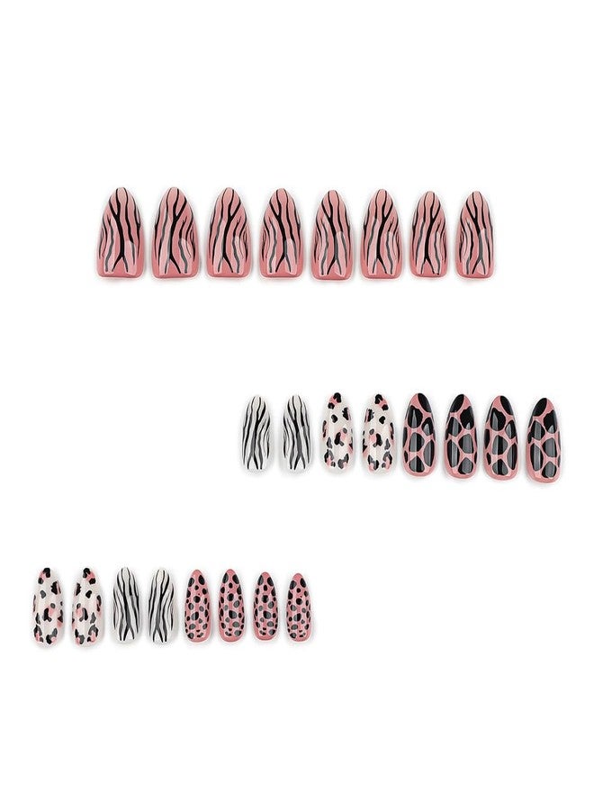RikView Short Press on Nails Almond Fake Nails Black Nails with Leopard Print Design Glossy Full Cover Nails for Women 24 PCs/Set - Image 4